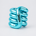 Tangle Jr. Metallic fidget toy coiled in a compact stack, featuring a high-gloss metallic cyan chrome finish on a white background