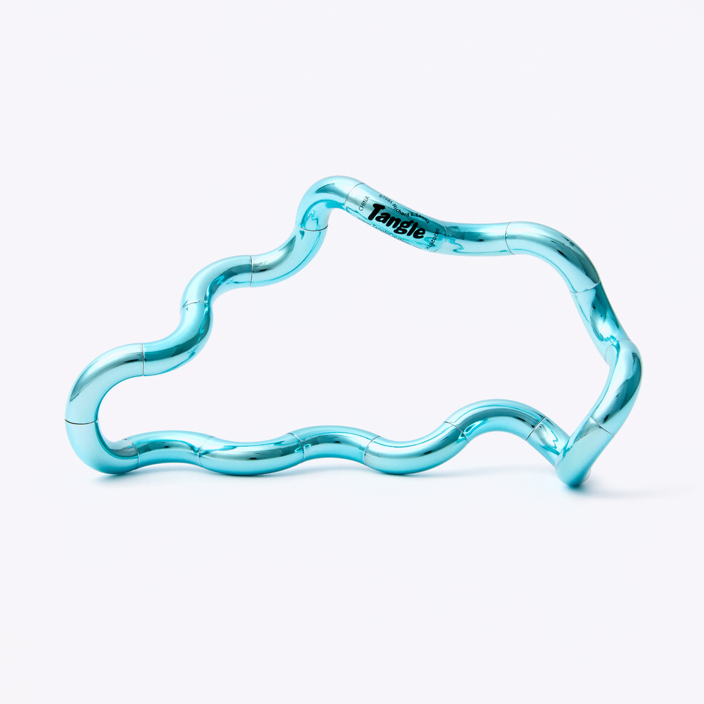 Tangle Jr. Metallic fidget toy in an open extended configuration, featuring a high-gloss metallic cyan chrome finish on a white background