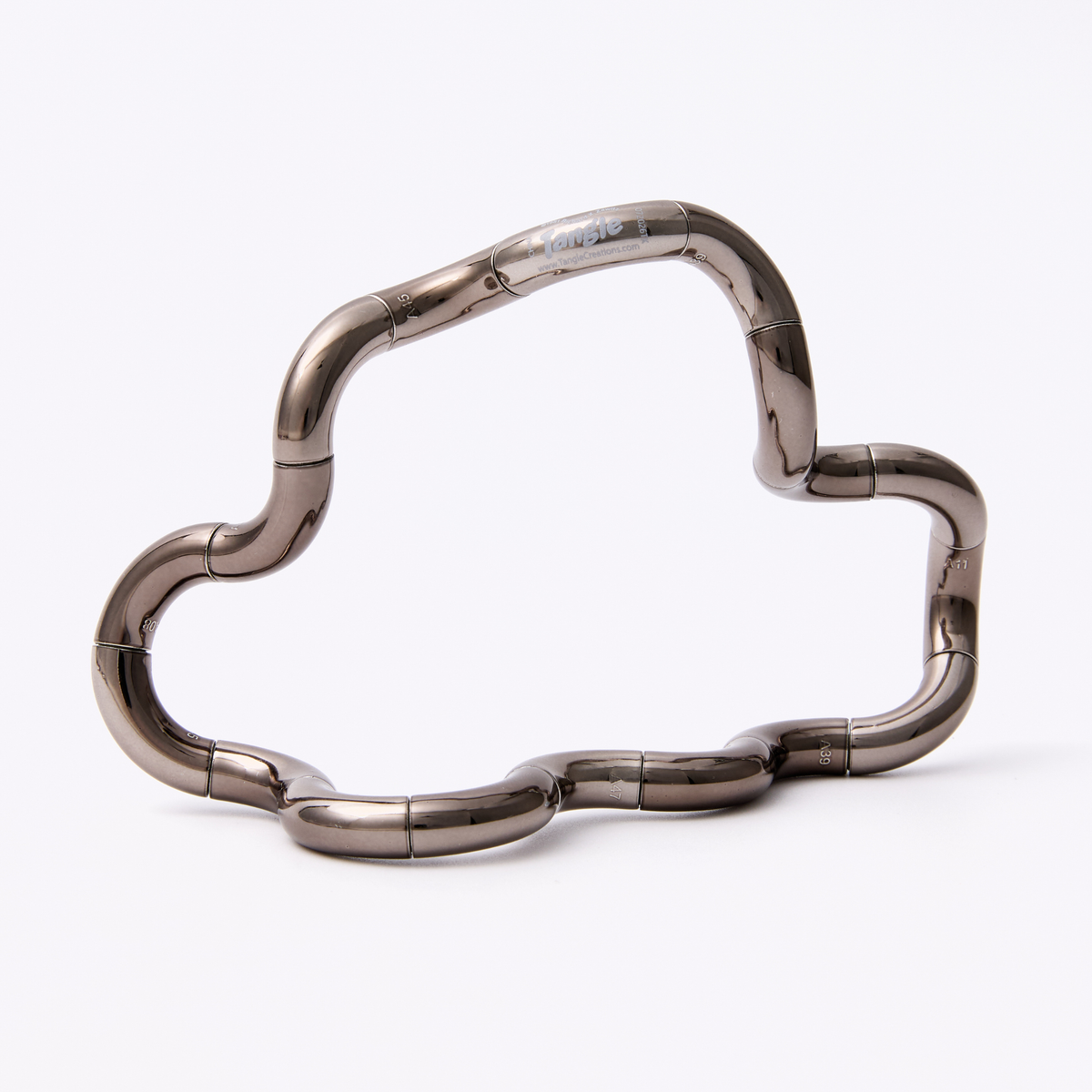Tangle Jr. Metallic fidget toy in an open extended configuration, featuring a high-gloss metallic gun metal grey chrome finish on a white background