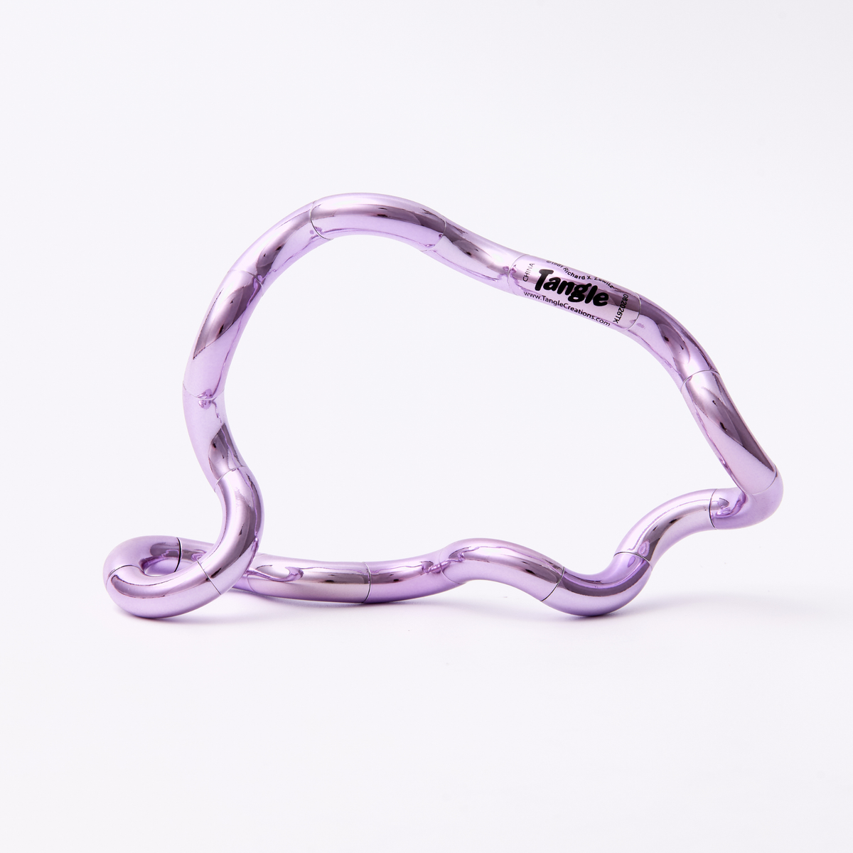 Tangle Jr. Metallic fidget toy in an open extended configuration, featuring a high-gloss metallic purple taro chrome finish on a white background