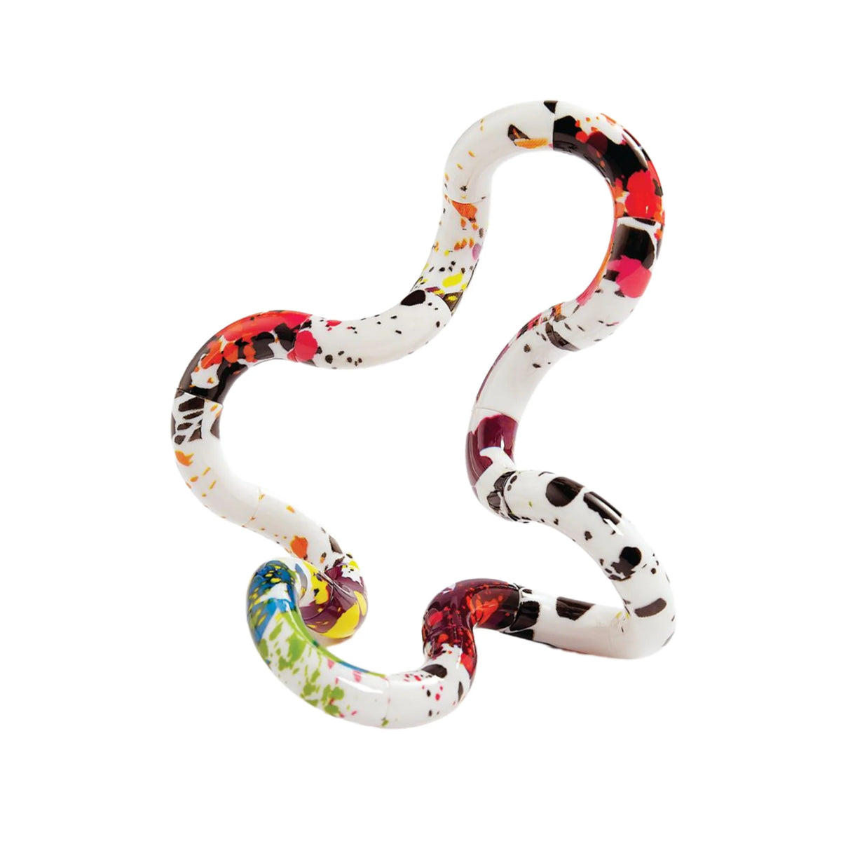Tangle Fidget Toy – Tangle Jr. Masterpiece Drip, open configuration, featuring a white base with multicolour paint splatter pattern in red, pink, black, orange, yellow and green on a white background