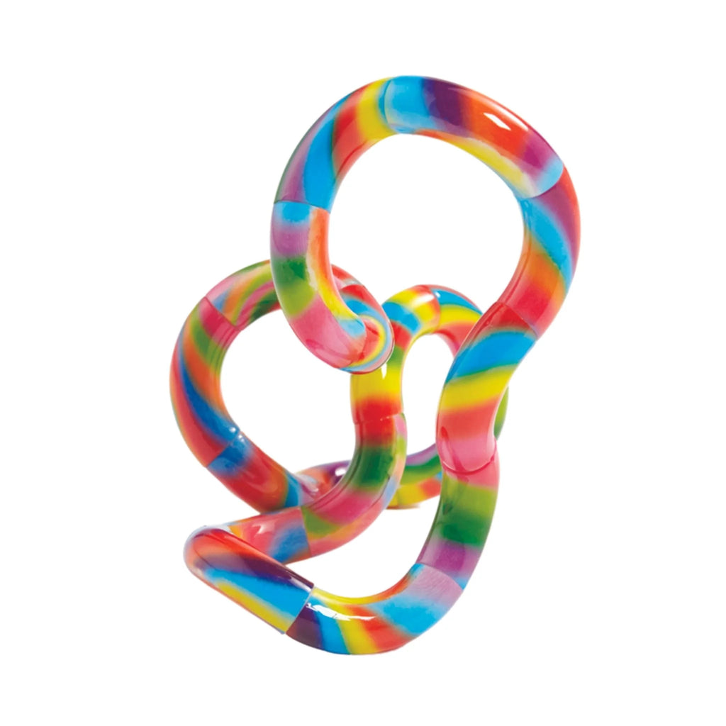 Tangle Fidget Toy – Tangle Jr. Masterpiece Lollipop, open configuration, featuring vibrant rainbow stripes of red, orange, yellow, green, blue and purple on a white background